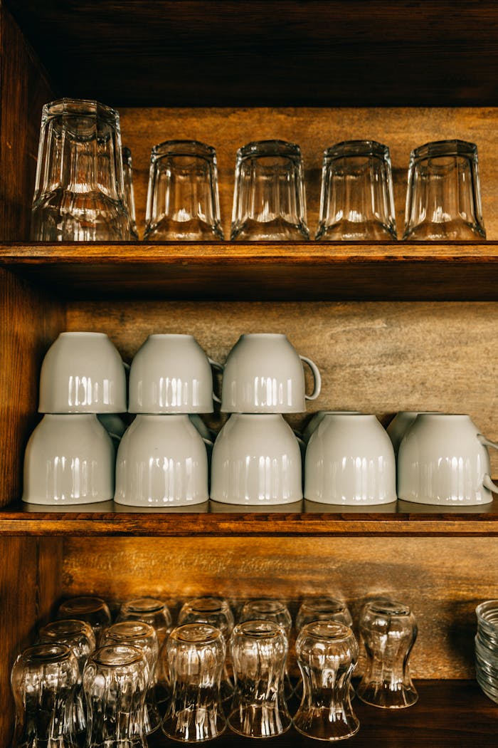 services-01 Neatly arranged glassware and ceramic mugs in a wooden cupboard, showcasing a tidy kitchen interior.